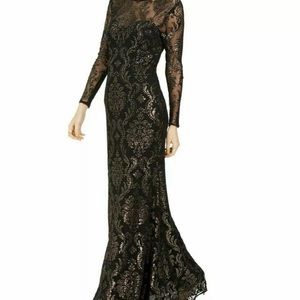 Adrianna Papell Black/Bronze Burnout Emblem Long Gown NWT $279 Size 8